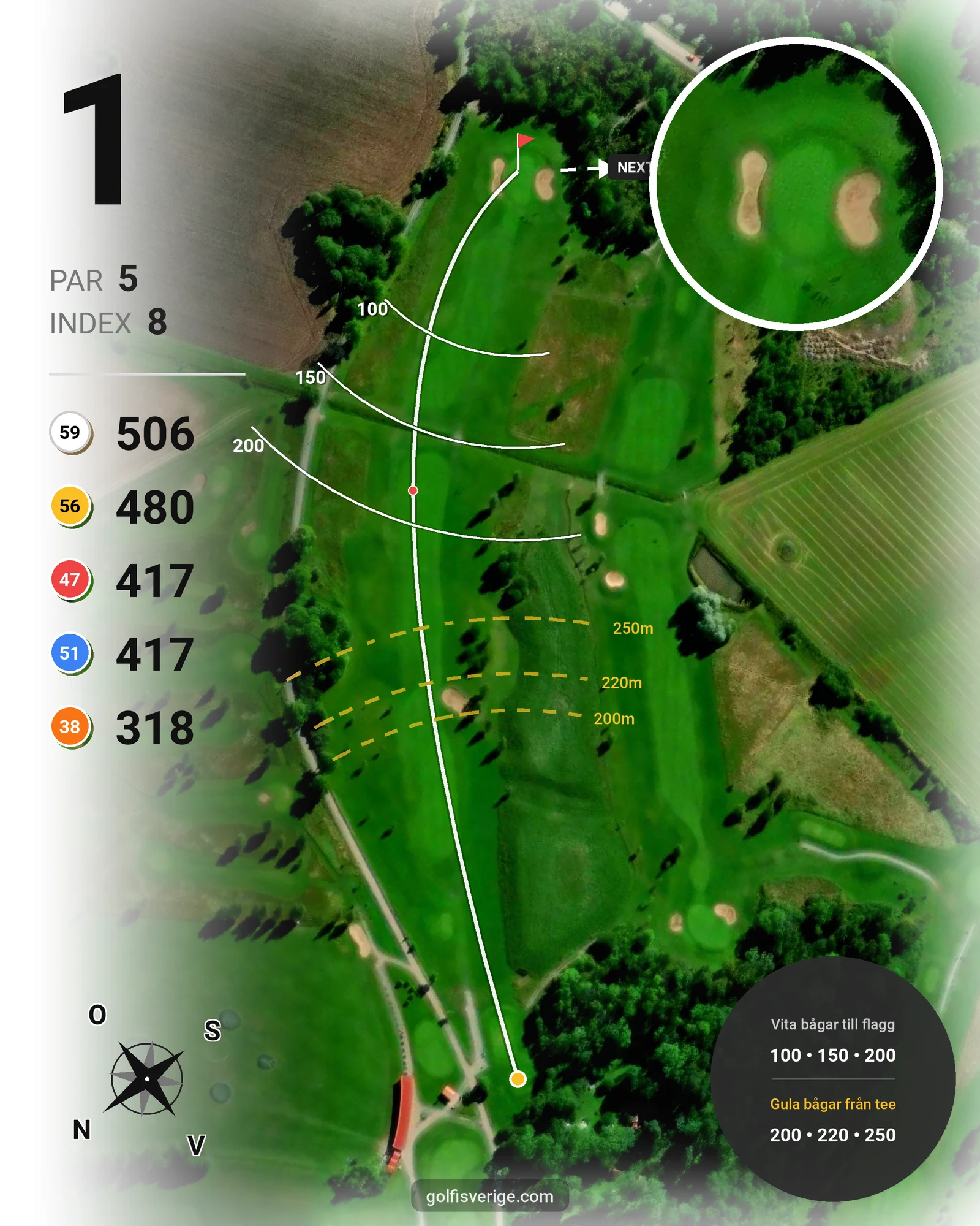 Banguide 18-hålsbanan på Fullerö Golfklubb - Hål 1 karta