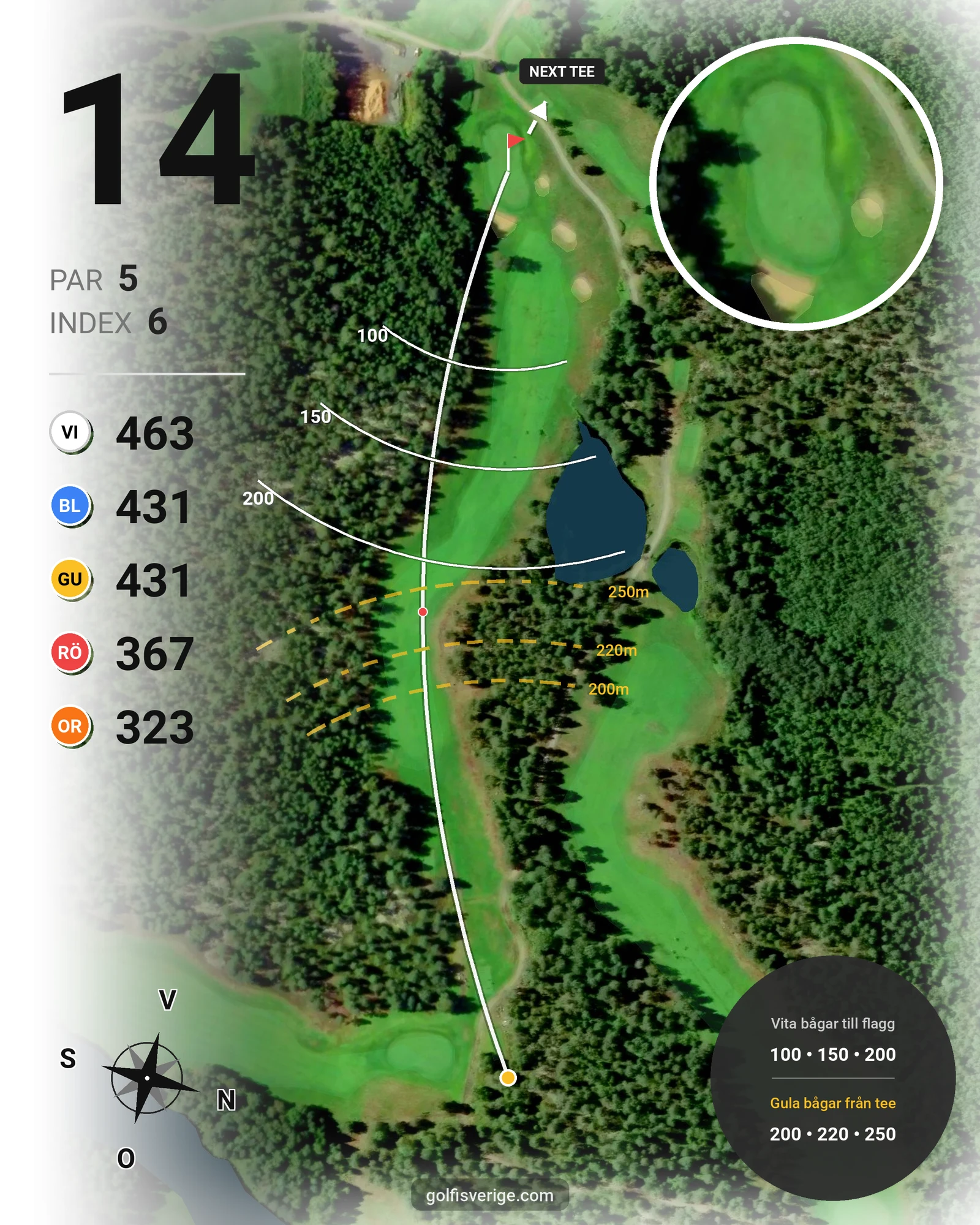 Banguide 9-hålsbana - Gul på Umeå Golfklubb - Hål 14 karta