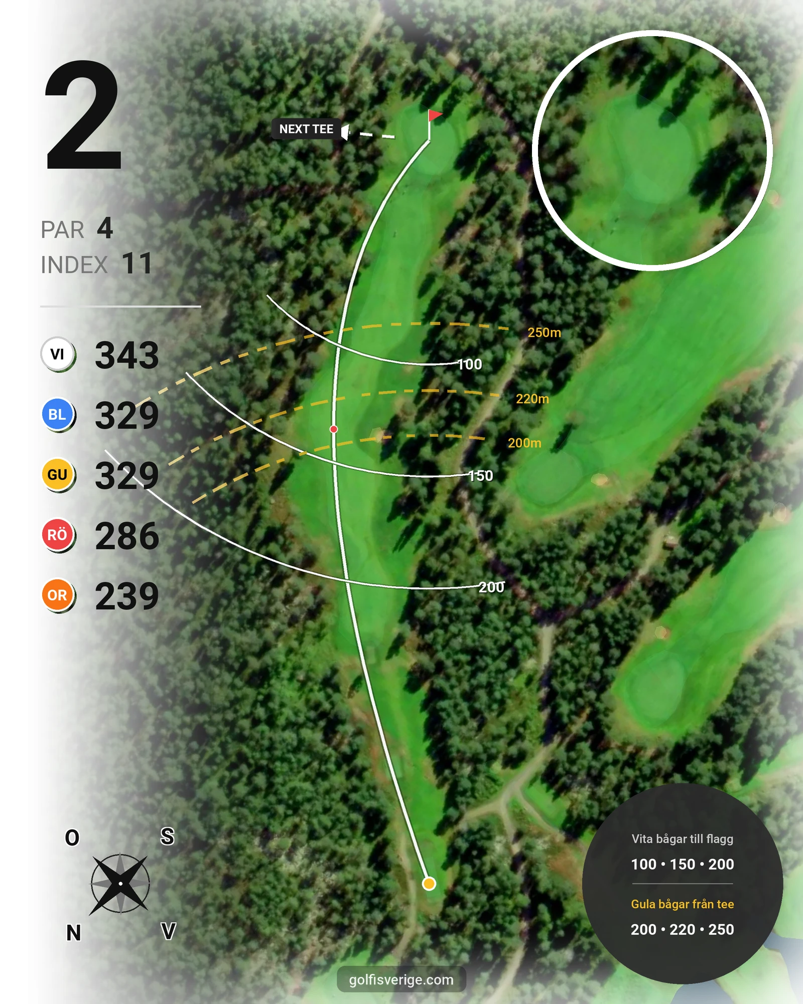Banguide 9-hålsbana - Gul på Umeå Golfklubb - Hål 2 karta