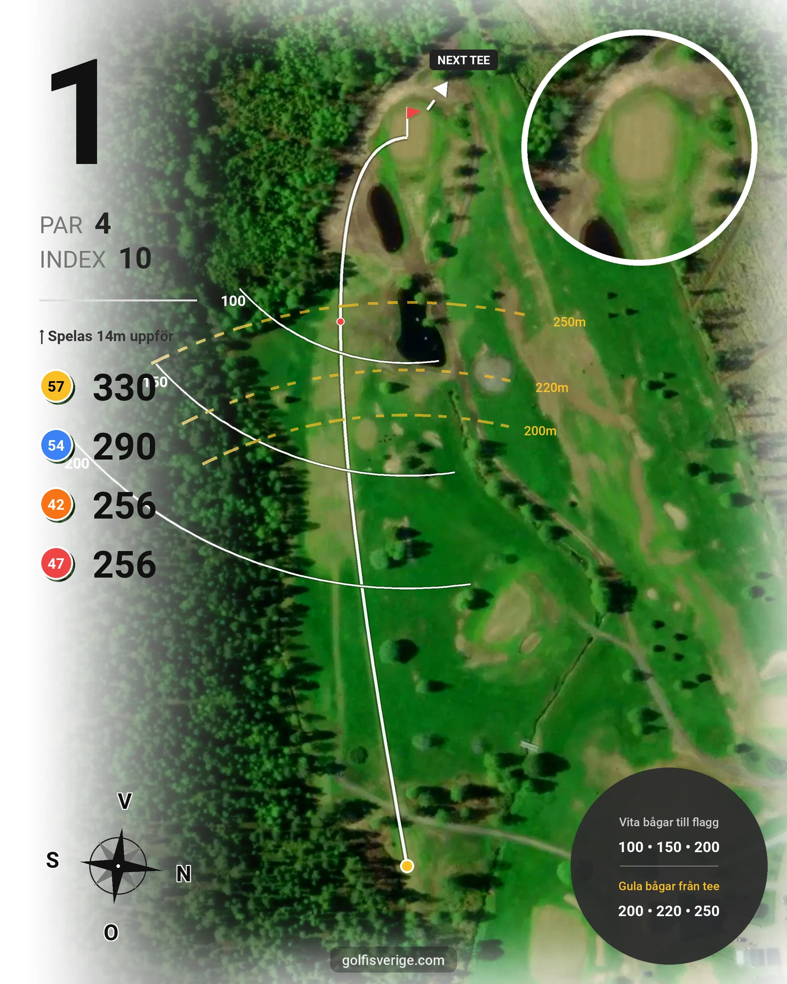 Banguide 1 StorSpoven 18-hål på Umeå Sörfors Golfklubb - Hål 1 karta
