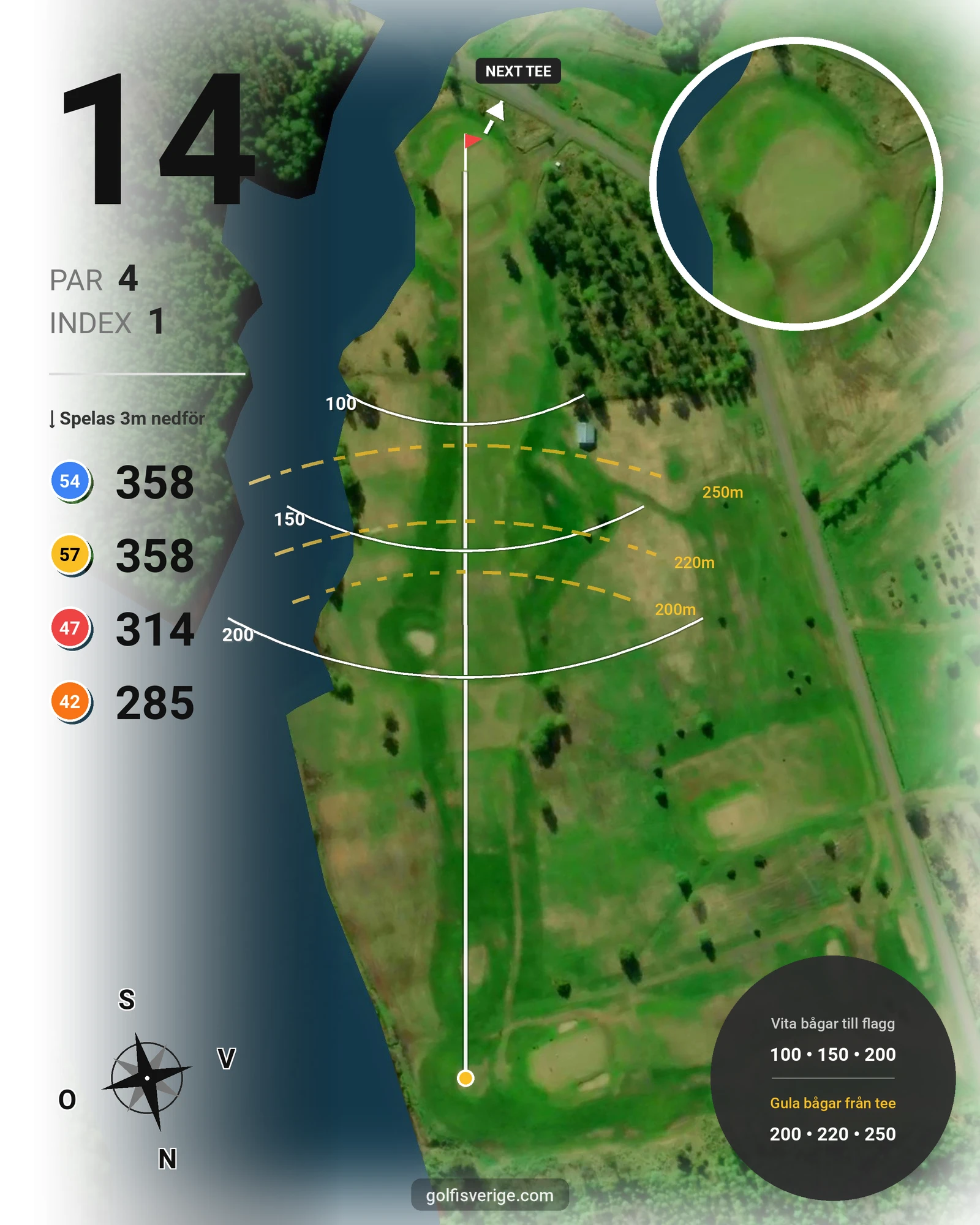 Banguide 1 StorSpoven 18-hål på Umeå Sörfors Golfklubb - Hål 14 karta
